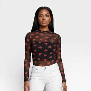 Heart Sheer Mesh Black Long Sleeve Top